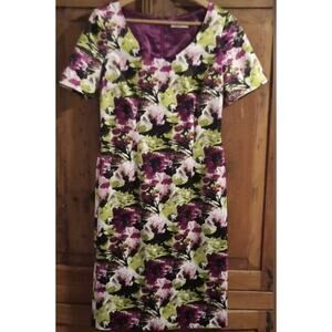 Jacques Vert Short Sleeve Satin Floral Sheath Dress Purple Green Size US 6/UK 10